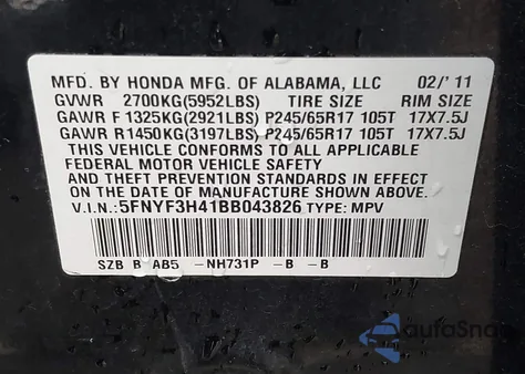 2011 Honda Pilot Ex из США, поврежденный, VIN 5FNYF3H41BB043826